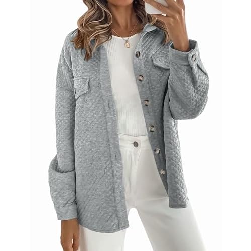 Women's Casual Shacket Jacket, Long Sleeve Loose Oversized Button Down Coat for Fall Winter Office Daily Outerwear Lightgrey Medium