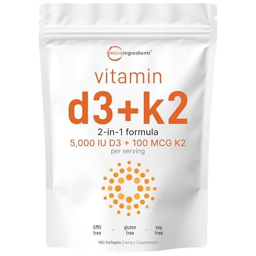 Micro Ingredients Vitamin D3 5,000 IU + K2 MK-7 100 mcg, 180 Softgels | 2-in-1 Bone, Immune & Heart Support | Easy to Swallow, Non-GMO 180 Count (Pack