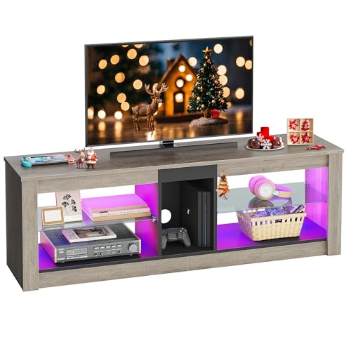 Bestier Entertainment Center LED Gaming TV Stand for 55+ Inch TV Adjustable Glass Shelves 22 Dynamic RGB Modes TV Cabinet Game Console PS4, Wash Gray
