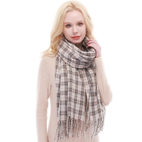 RIIQIICHY Plaid Scarf for Women Fall Winter Pashmina Scarves Wraps for Cold Weather Warm Large Blue-Grey-Cream