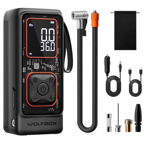 WOLFBOX 12000mAh&150PSI Tire Inflator Portable Air Compressor, Cordless Air Pump for Car Tires with Digital Pressure Gauge, Portable Tire Pump, 1-Min