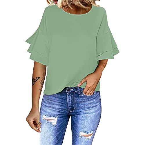 luvamia Women's Casual 3-4 Tiered Bell Sleeve Crewneck Loose Tops Blouses Shirt X-Large A1 Sprucestone