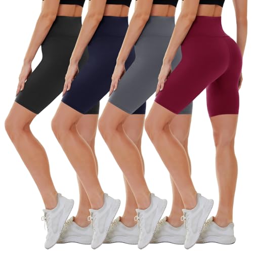 CAMPSNAIL 4 Pack Biker Shorts for Women High Waist - 5"-8" Tummy Control Soft Athletic Yoga Workout Running Gym Shorts 8 inch Small-Medium 3#black-Gra