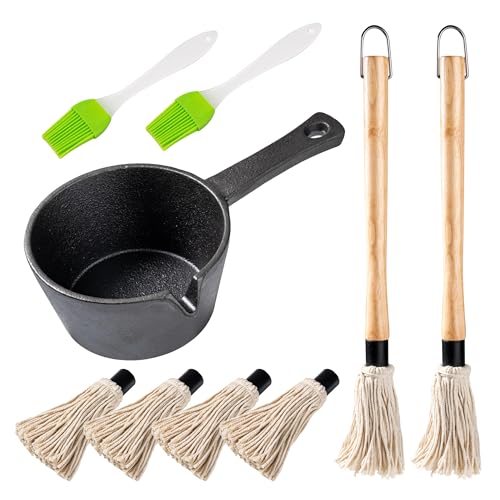 BBQ Mop Brush and Cast Iron Sauce Pot Set, 11-in-1 Value Pack includes 2Pcs Wooden Long Handle, 6 Brush Heads, 1 Cast iron BBQ Pan and 2 Silicone Brus