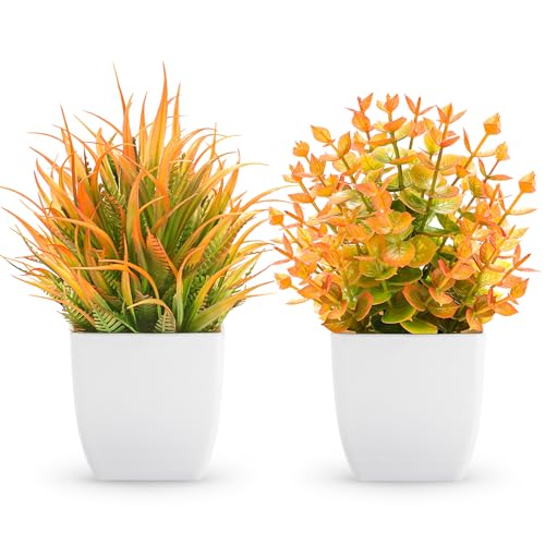 Der Rose 2 Pack Small Fall Fake Plants Mini Artificial Potted Plants Fall Table Office Decor for Home Desk Bathroom Decoration 2-orange