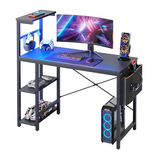 Bestier Gaming Desk with LED Lights, 44 Inch PC Gamer Desk for Small Spaces, Computer Desk with Reversible Storage Shelves & Side Storage Bag (Black G