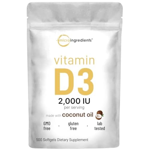 Micro Ingredients Vitamin D3 2,000 IU, 500 Softgels | Virgin Coconut Oil | Cholecalciferol Form | Bone, Immune & Heart Support | Easy to Swallow, Non-