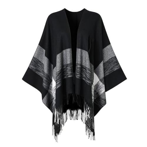 Ferand Women's Elegant Shawl Wraps Plaid Fringe Poncho Cozy Soft Blanket Scarf for Fall Winter Black