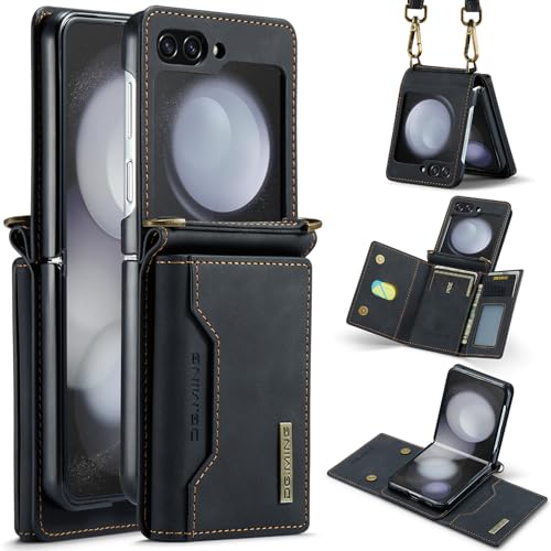 for Samsung Galaxy Z Flip 5 Case with Crossbody Wallet, 8 Cards Slot and Premium Leather Kickstand Vintage Card Holder.(Black) Black Samsung Galaxy Z