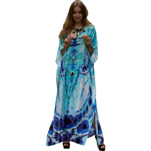 Swimsuit Cover Up Caftan Women's Vneck Flower Leopard Print Batwing Sleeve Side Split Kaftan Dresses A-print1
