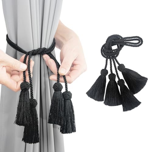 Elegant Curtain Tiebacks Rope Decorative Curtain Tie Backs for Drapes Hand Woven Window Treatment Holdbacks with Tassel, Black 2pack