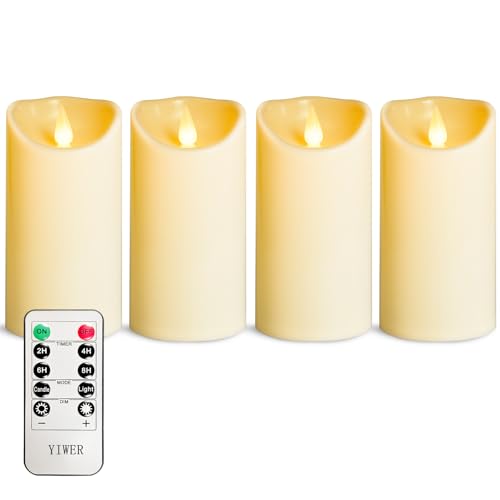 YIWER Plastic Flameless LED Candles,Pack of 4 Battery Operated Candle with 10 Key Remote Control Electric Fake Flickering Light Ivory Pillar D3”H6�