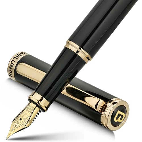 BEILUNER Black Fountain Pen,Stunning Luxury Pens with 24K Gold Accents, Gorgeous 24K Gilded Nib(Fine), Trustworthy Pen Gift for Men&Women -Ink Convert