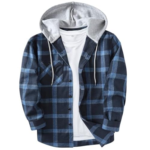 ZITY Men's Flannel Hoodie Shirts Casual Button Down Plaid Shirt Jackets for Men Long Sleeve Stylish Hooded with Pocket Medium Navy