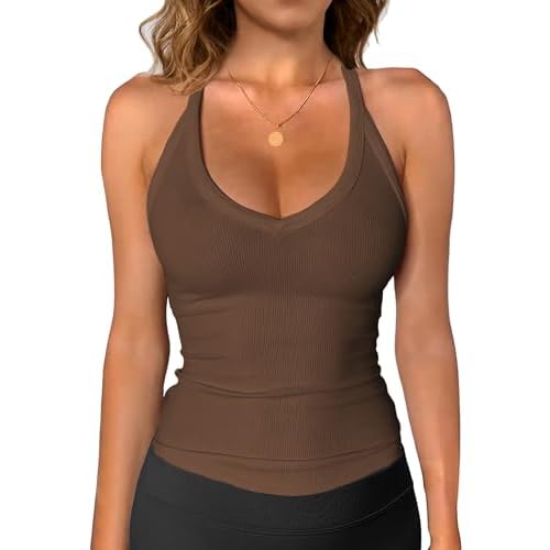 iGENJUN Womens Spaghetti Strap V-Neck Ribbed Tank Tops for Women 2025 Slim Fitted Soft Camisole Basic Layering Shirts Small Brown