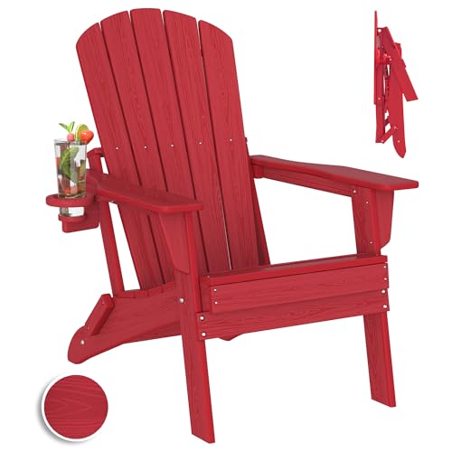 Folding Adirondack Chair, SGS Tested, Wooden Textured with Cup Holder, Heavy All-Weather HDPE Outdoor Chairs for Patio Backyard Lawn,Red Red Folding C