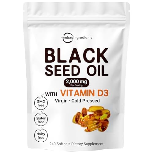 Micro Ingredients Black Seed Oil 2000 mg with Vitamin D3 1000 IU, 240 Softgels | Cold Pressed - Nigella Sativa Pills from Egypt, Virgin Oil, Odorless,