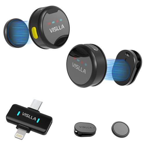 Vislla Mini Microphone for iPhone, iPad & Android,12H Battery, Noise Reduction Wireless Lavalier Microphone, Clip On Lapel Mic for Vlogging-YouTube-Ti