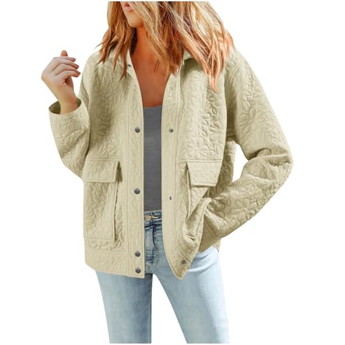 PBNBP Womens Trendy Fall Shacket, Classic Collared Jacquard Trucker Jacket with Pockets, Casual Button Down Outerwear A02 Beige Small