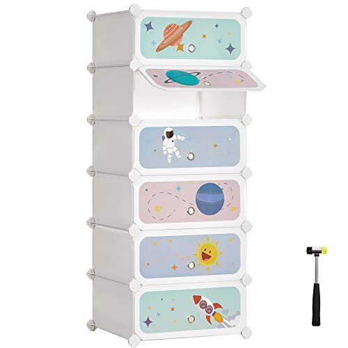 SONGMICS Kids' Shoe Rack with Doors, 6-Slot Stackable Storage Organizer, Plastic Wardrobe, Toys, Books, Clothes, 12.2 x 16.9 x 41.3 Inches, Cloud Whit