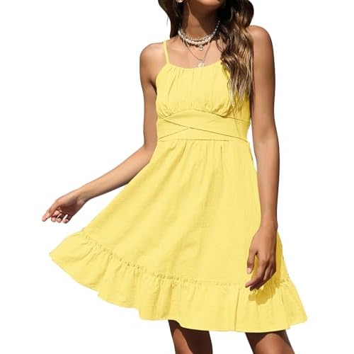 ROYLAMP Women's Summer Spaghetti Strap Dress Casual Wrap Sleeveless Backless Ruffle Hem Swing Mini Dresses with Pockets Medium Yellow