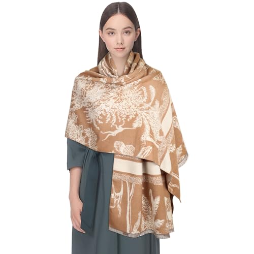 EXTREE Women's Scarf Pashmina Shawls and Wraps for Evening Dress Bridesmaid Wedding Bridal Winter Warm Long Large Scarves Animal Forest Khaki