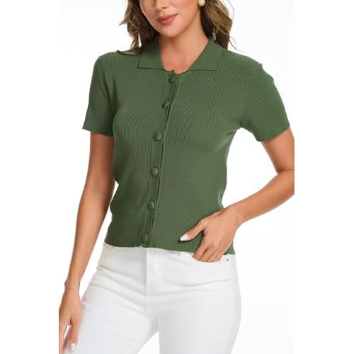 Women's Button Down Short Sleeve Polo T Shirts Ribbed Knit Slim Fitted Basic Summer Top Green XX-Large