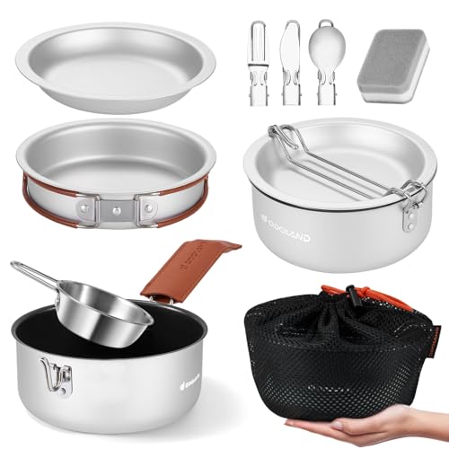 Odoland Camping Cookware Kit,Cooking Utensils Camping Pan Pot Cup Set - Portable Cooking Gear - Foldable Outdoor Travel Set, for Trekking, Hiking and