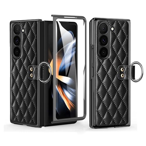 for Samsung Galaxy Z Fold 6 Luxurious Stylish Business Diamond Leather Phone Case with Ring Design, Built-in Front Screen Protector Anti-Slip, Anti-Dr