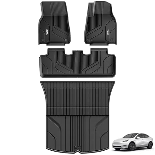 3W Floor Mats & Boot liner Fit for 2021-2024 Tesla Model Y, All Weather Dog Friendly TPE Car Mats Waterproof Anti-Slip Easy Clean Heavy Duty Trunk Mat