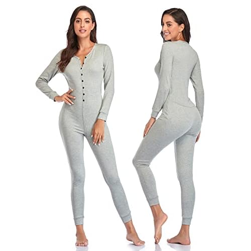 COLORFULLEAF Womens Cotton Onesies Pajamas One Piece Thermal Underwear Union Suits Henley for Ladies Jumpsuit Sleepwear Large Grey-button
