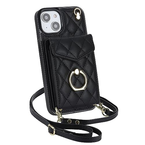 for iPhone 15 Wallet Case with Ring,High-end Stylish Luxury Leather Accordion Card Holder,Anti-Drop Lanyard,Multi-Functional Ring Stand,Protective Lea