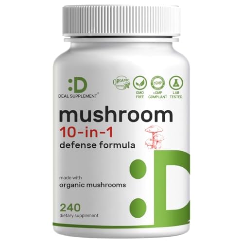 Organic 10-in-1 Mushroom Supplement 8,000mg Per Serving, 240 Capsules – Lions Mane, Turkey Tail, Reishi, Cordyceps & More Mushroom Complex – Immun