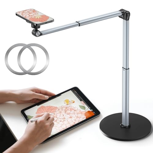 Heavy Duty Aluminum Overhead Phone Stand for Recording, Adjustable iPhone Tripod for Overhead Shots, Sturdy Stand for Cooking, Crafting, Filming, Pain