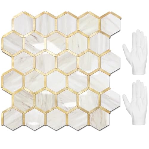 STICKGOO Hexagon Peel and Stick Backsplash Tile, Stick on Backsplash for Kitchen and Bathroom, Glossy Eurasian Wood Grain PVC Mixed Metal Gold Self Ad