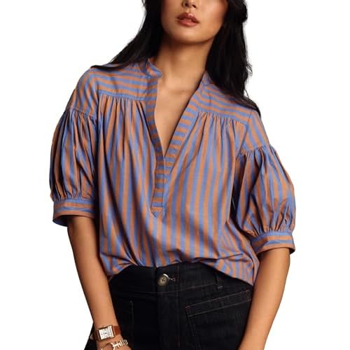 Women Puff Short Sleeve Blouse Trendy Striped V Neck Shirt Summer Business Casual Outfit Cute Babydoll Boho Loose Tops Brown Large