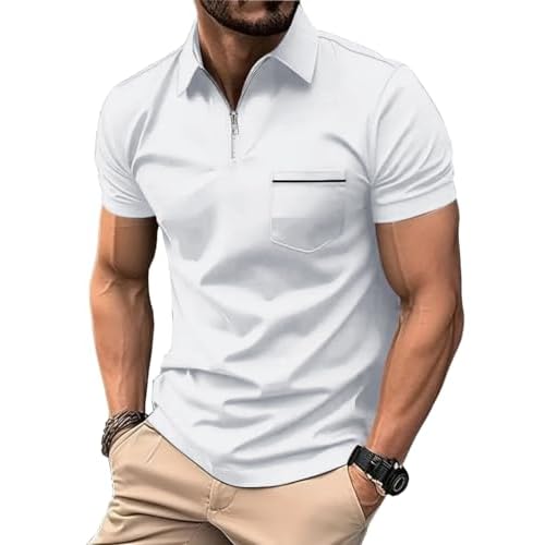 ZITY Mens Polo Shirts Quarter Zip Shirts Casual Classic Lightweight Short Sleeve Golf Collared Shirt with Pocket Large White