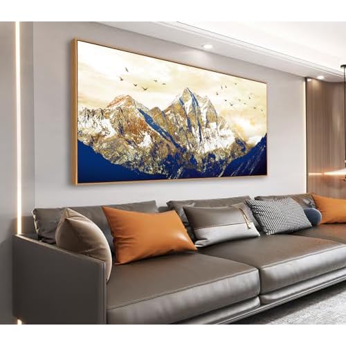 NINEASO Framed Canvas Wall Art - Earth Tone Snow Mountain Wall Decor Sunset Mountain Canvas Pictures with Birds Painting Print Artwork for Living Room