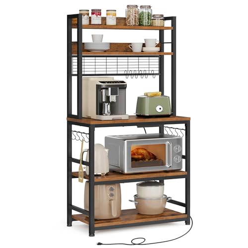 VASAGLE Hutch Bakers Rack with Power Outlet, 14 Hooks Microwave Stand, Adjustable Coffee Bar with Metal Wire Panel, Kitchen Storage Shelf, 15.7 x 31.5