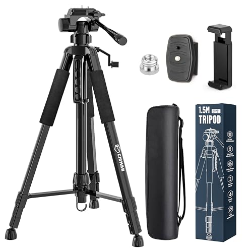 CIGMAN 59-inch Lightweight Adjustable Laser Level Tripod with 3-Way Swivel Pan Head, Bubble Level, Phone Holder, Quick Release Plate with 1-4" Screw M