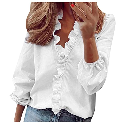 pbnbp Women's Casual Loose Fit Shirts Ruffle Solid Color V Neck Tops Puff Sleeve Daily Long Sleeve Summer Fall Blouse Blusas XX-Large A01_white