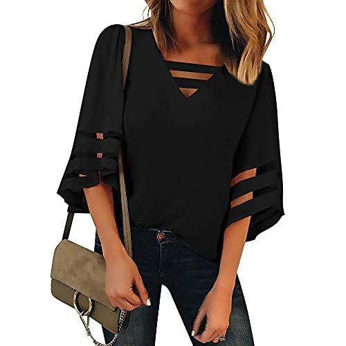luvamia Women Casual Strappy V Neck Blouse 3-4 Bell Sleeve Mesh Panel Shirts Top X-Large A Black