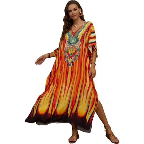 Swimsuit Cover Up Caftan Women's Vneck Flower Leopard Print Batwing Sleeve Side Split Kaftan Dresses B10