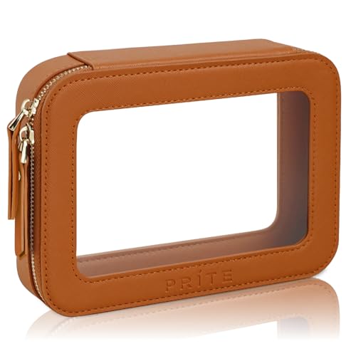 Prite Clear Makeup Bag Cosmetic Organizer Case Waterproof Travel Toiletry Bag Skincare Pouch with Golden Zipper(Brown) Brown Standard
