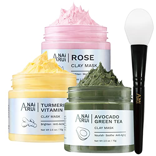 ANAiRUi Kurkuma Vitamin C Tonerde Maske - Rose Gesichtsmaske -Avocado Grüner Tee Schlamm Maske, SPA Gesichtsmasken Set für Tiefenreinigung, Ölkontr