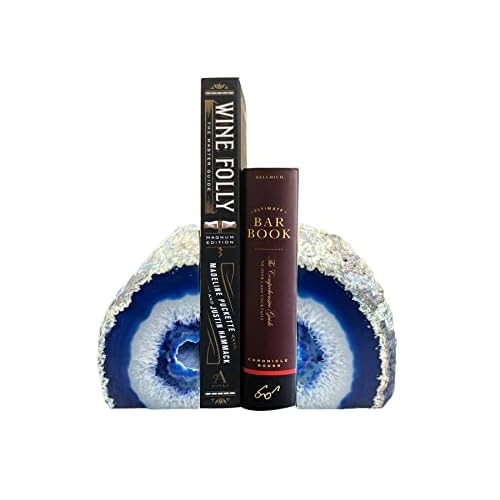 AMOYSTONE Natural Blue Agate Geode Bookends, Decorative Book Ends for Shelves, Stackable Book Stopper for Small Books, Unique Agate Stone Bookends, 2-