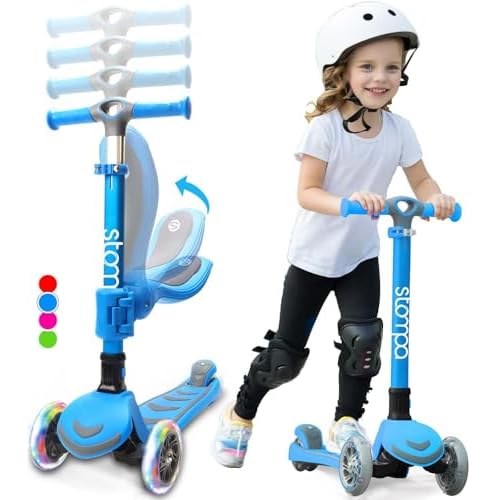 Stompa Kick Scooter for Kids 2-in-1 Light Up 3 Wheel Scooters with 4 Levels Adjustable Handlebar, Foldable Seat, Widen No-Slip Deck for Girls & Boys A