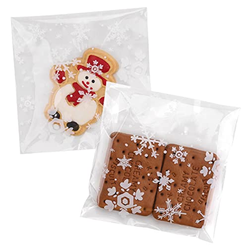 100PACK Christmas Treat Bags Self Adhesive Cookie Bags Snowflake Gift Bag for Christmas Party Favors(Clear Snowflake, 3.9x3.9 INCH) White Snowflake 3.