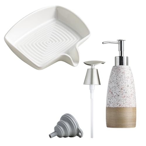 Soap Dish with Waterfall Design & 12OZ Ceramic Dish Soap Dispenser with Plastic Pump & Stainless Steel Pump