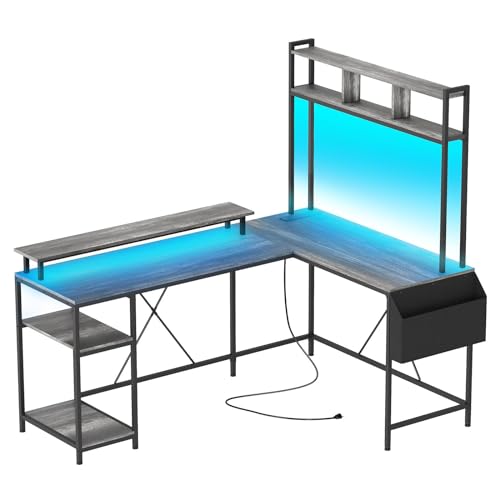 Garvee L Shaped Gaming Desk with LED Lights & Power Outlets, 67" Reversible Large Desk, Oak Black, Monitor Stand, Storage Shelves, Home Office